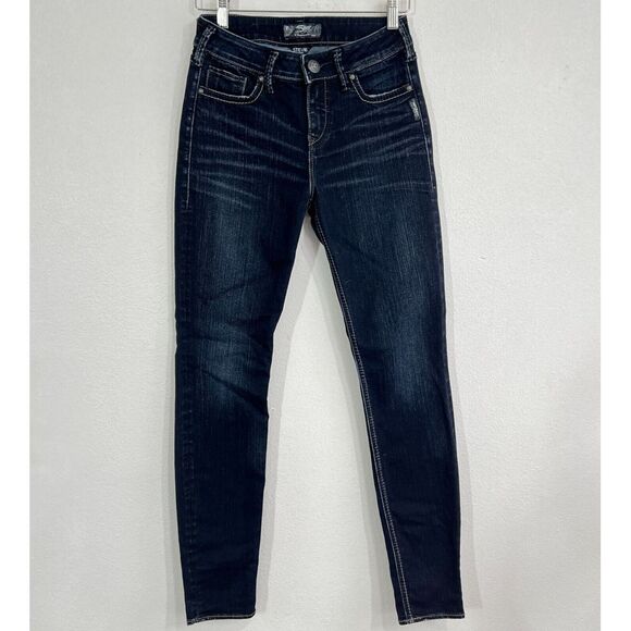 SILVER Stevie Jeans Women's 27x31 Fit 30 Tapered Skinny Stretch Wisker Dark Wash - Picture 1 of 10